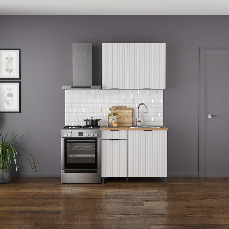 Кухня Венера (1000) МДФ белый/фасад МДФ с ПВХ белый матовый фрезерованный/столешница дуб вотан/ДВПО белый