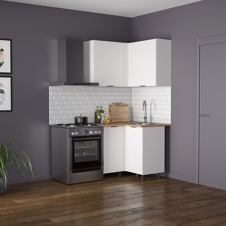 Кухня Венера угловая ЛДСП белый/фасад ЛДСП белый/столешница дуб вотан/ДВПО белый