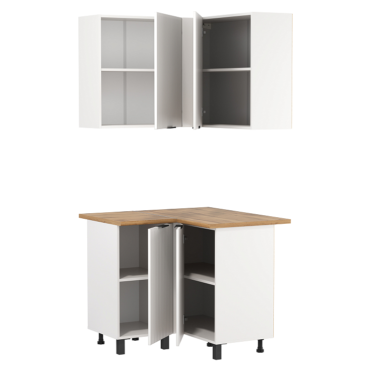 Кухня Венера угловая МДФ белый/фасад МДФ с ПВХ белый матовый фрезерованный/столешница дуб вотан/ДВПО белый