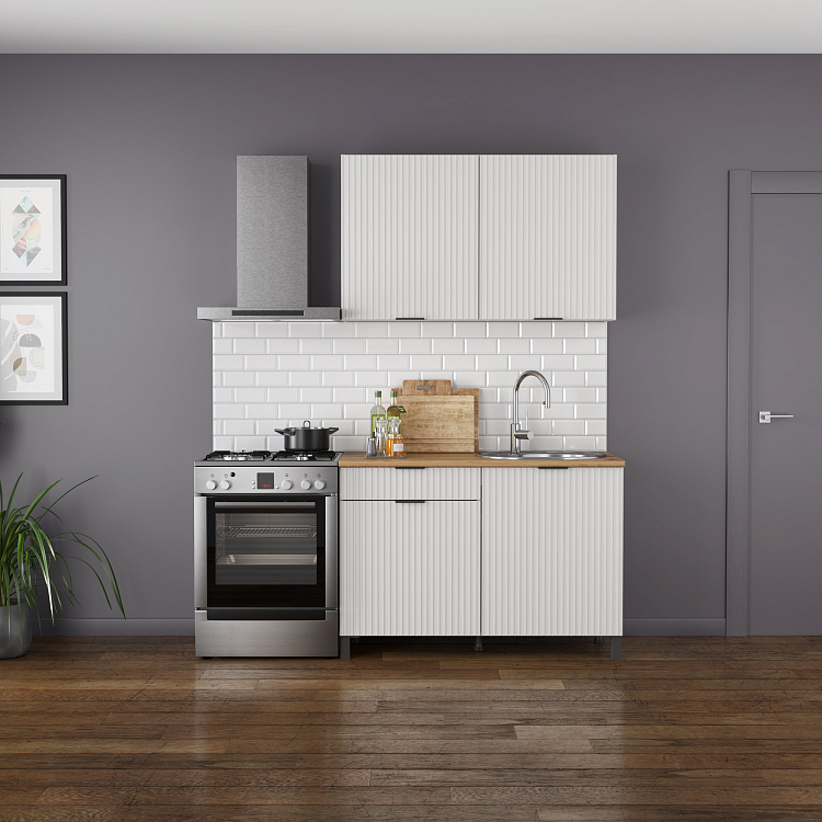 Кухня Венера (1200) МДФ белый/фасад МДФ с ПВХ белый матовый фрезерованный/столешница дуб вотан/ДВПО белый