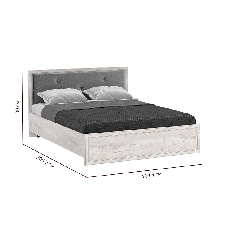 Кровать 32.25-02 Сохо (1600) с ортопедическим осн. бетон пайн белый/профиль бетон пайн белый патина/ткань велюр тенерифе грей