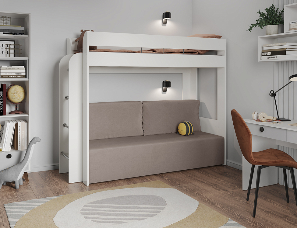 Кровать двухъярусная Немо белый/ткань велюр parma 10 капучино