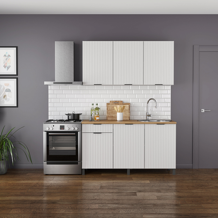 Кухня Венера (1500) МДФ белый/фасад МДФ с ПВХ белый матовый фрезерованный/столешница дуб вотан/ДВПО белый