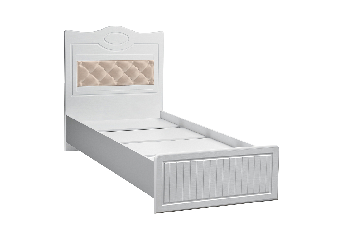 Кровать одинарная Монако (900) с настилом и мягким элементом белый/ПВХ белое дерево