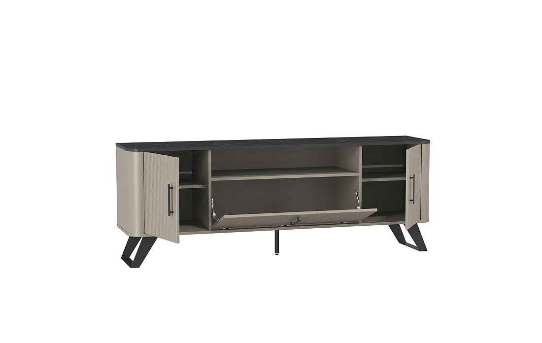 Тумба для ТВ 76.05 Фиделия серый камень/мрамор черный/ДВПО серый камень/ПВХ серый камень/профиль masa decor серый камень