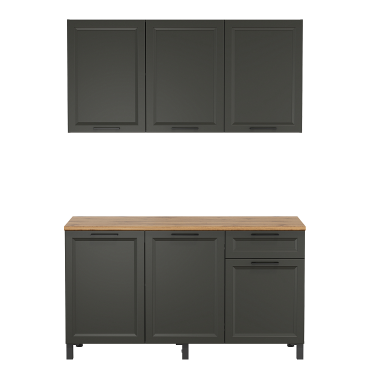 Кухня Римини (1500)  диамант серый/столешница дуб вотан/ДВПО белый/ПВХ графит/профиль ПВХ графит