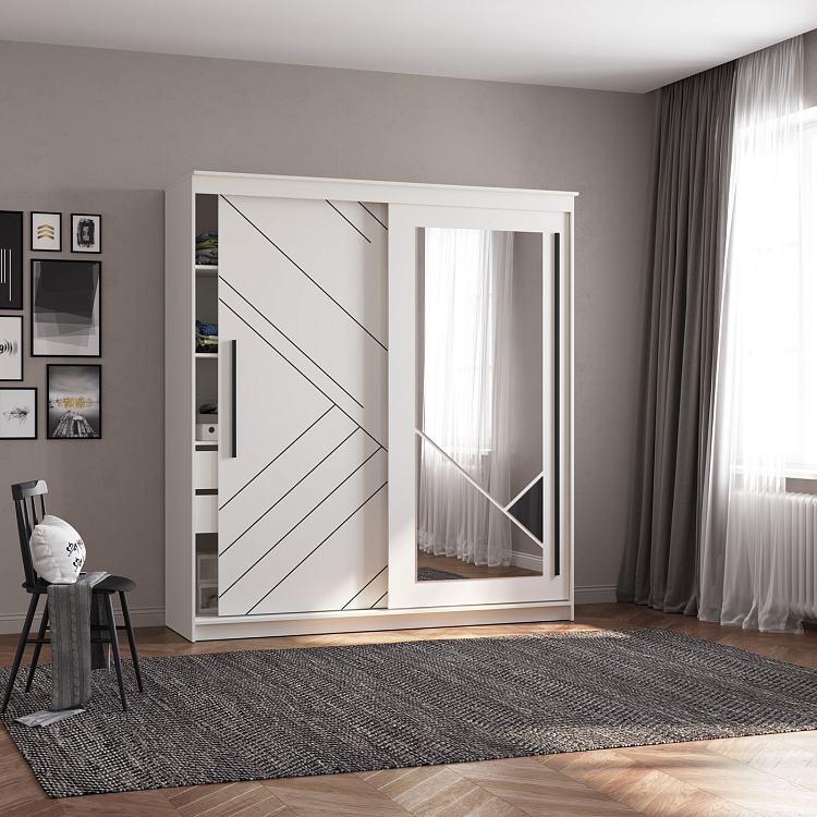 Шкаф купе 95.11 Марко (2-х дв.) с зеркалом белый/ДВПО белый/профиль masa decor черный
