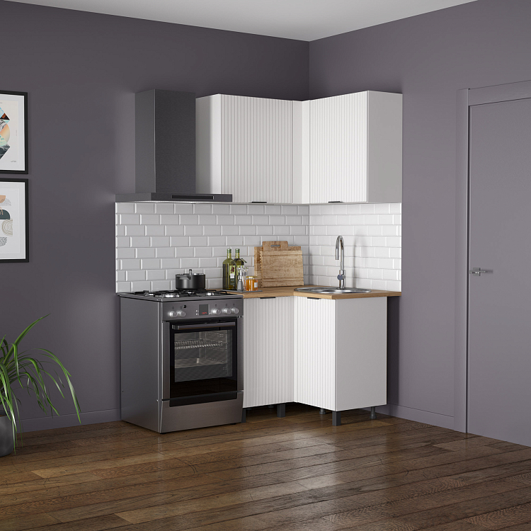 Кухня Венера угловая МДФ белый/фасад МДФ с ПВХ белый матовый фрезерованный/столешница дуб вотан/ДВПО белый