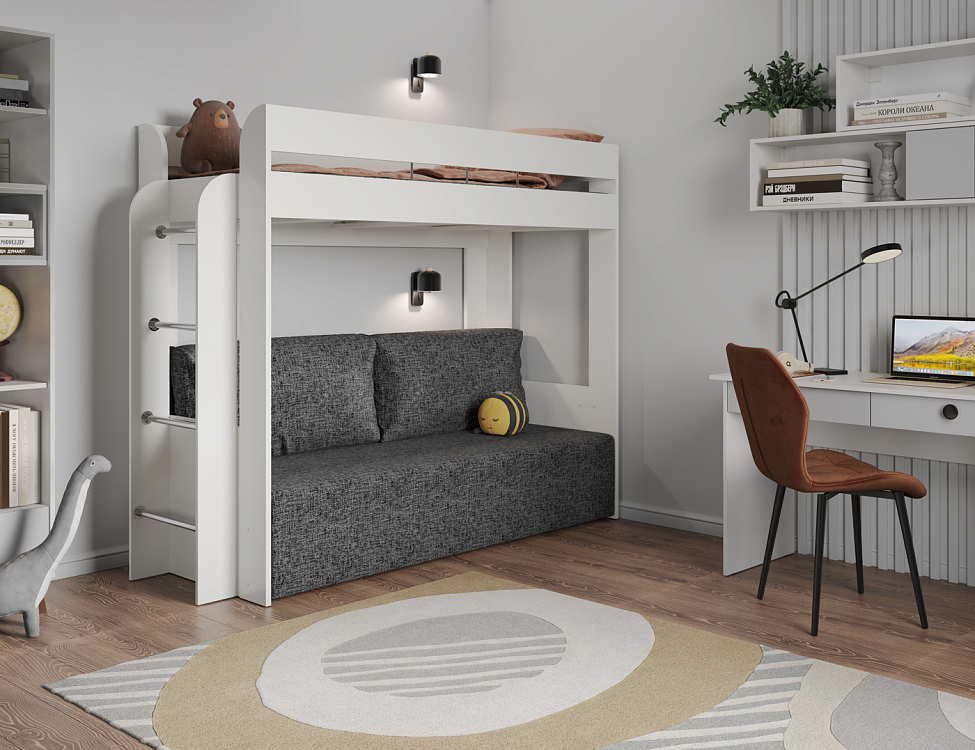 Кровать двухъярусная Немо белый/ткань рогожка серая