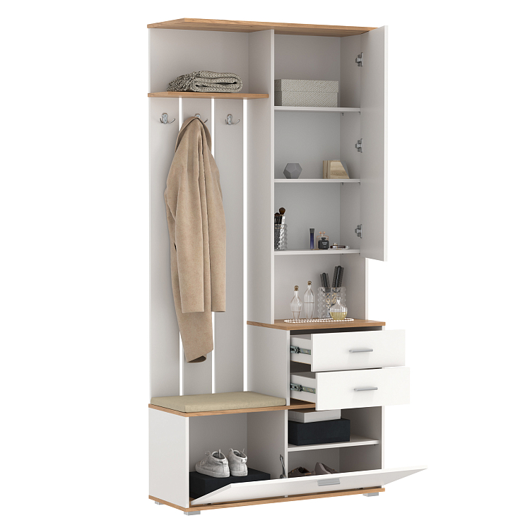 Шкаф для прихожей 65.08 Антре с зеркалом белый/дуб золотой/ДВПО белый/ткань велюр forward 910 крем
