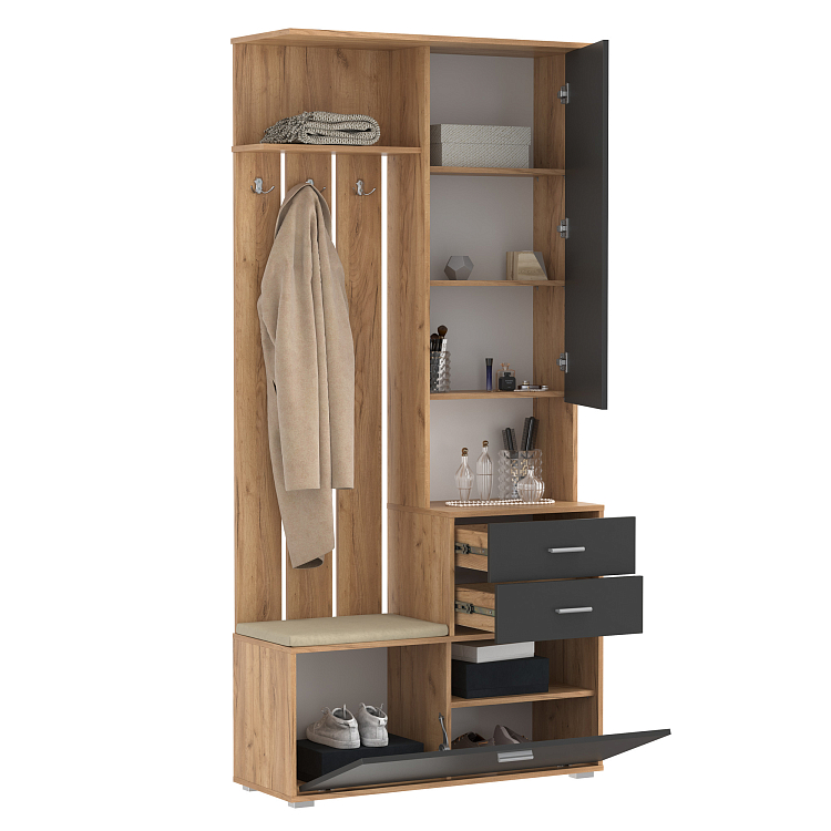 Шкаф для прихожей 65.08 Антре с зеркалом дуб золотой/диамант серый/ДВПО белый/ткань велюр forward 910 крем