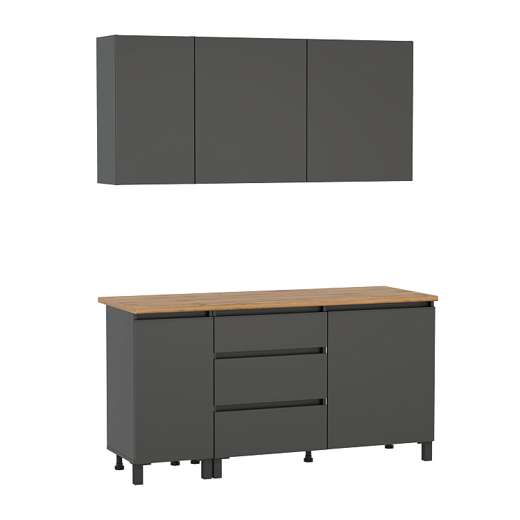 Кухня София (1600) диамант серый/столешница дуб вотан/ДВПО белый