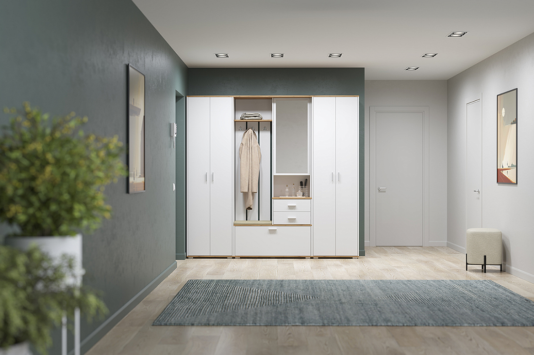 Шкаф для прихожей 65.08 Антре с зеркалом белый/дуб золотой/ДВПО белый/ткань велюр forward 910 крем
