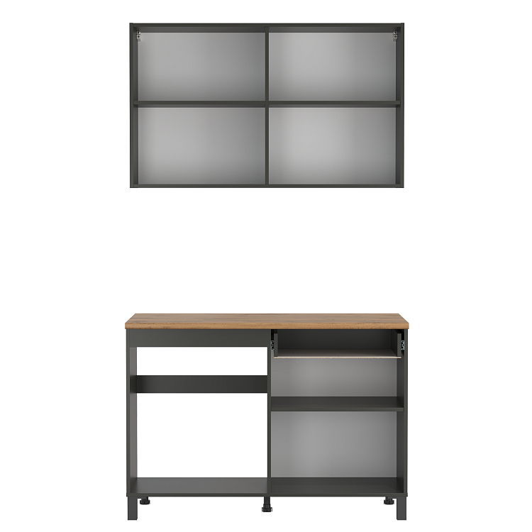 Кухня Римини (1200)  диамант серый/столешница дуб вотан/ДВПО белый/ПВХ графит/профиль ПВХ графит