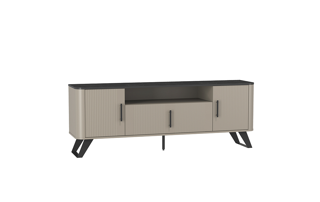 Тумба для ТВ 76.05 Фиделия серый камень/мрамор черный/ДВПО серый камень/ПВХ серый камень/профиль masa decor серый камень