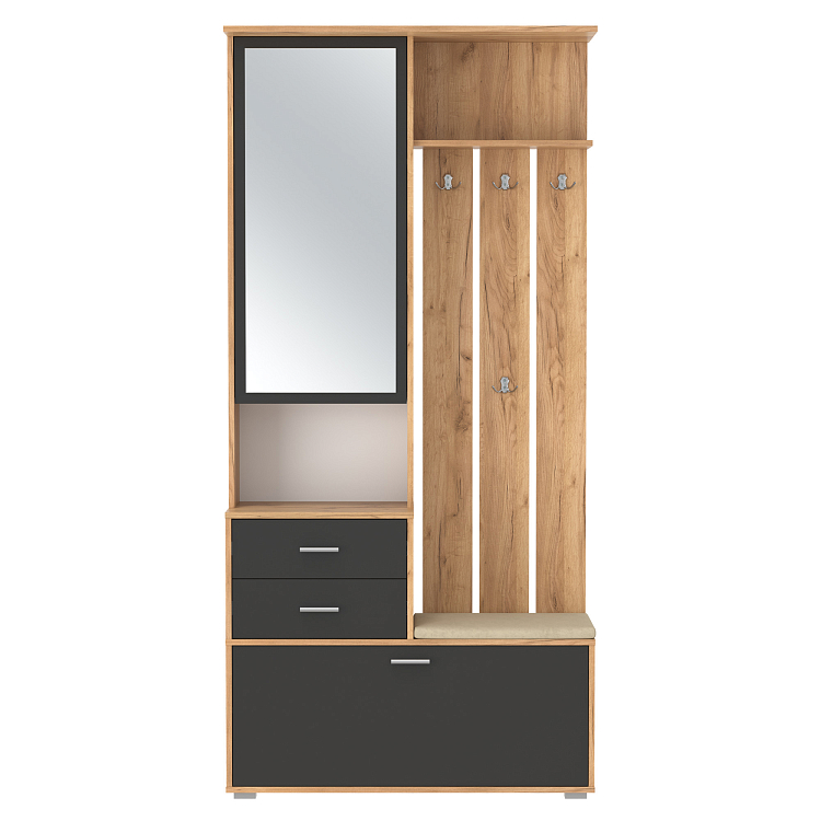 Шкаф для прихожей 65.08 Антре с зеркалом дуб золотой/диамант серый/ДВПО белый/ткань велюр forward 910 крем