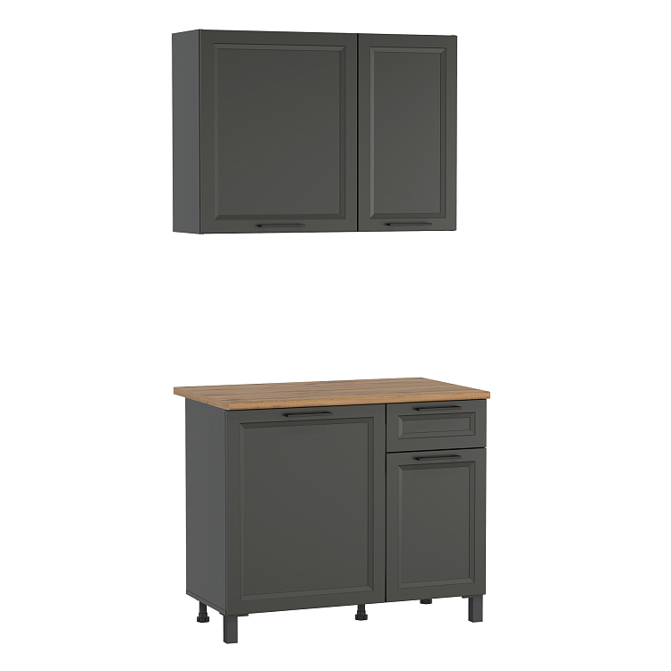 Кухня Римини (1000)  диамант серый/столешница дуб вотан/ДВПО белый/ПВХ графит/профиль ПВХ графит