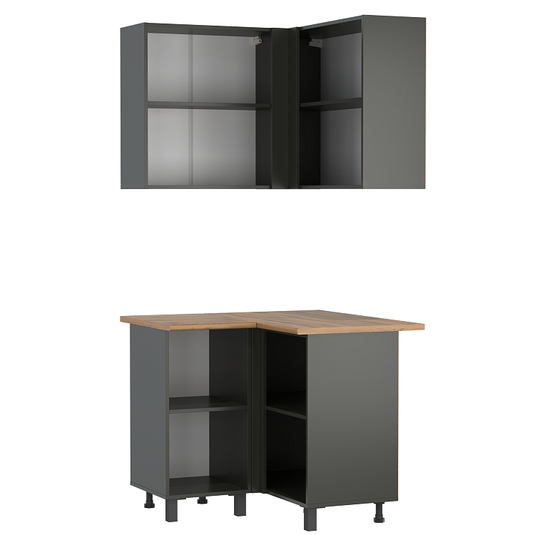 Кухня Римини (угловая)  диамант серый/столешница дуб вотан/ДВПО белый/ПВХ графит/профиль ПВХ графит