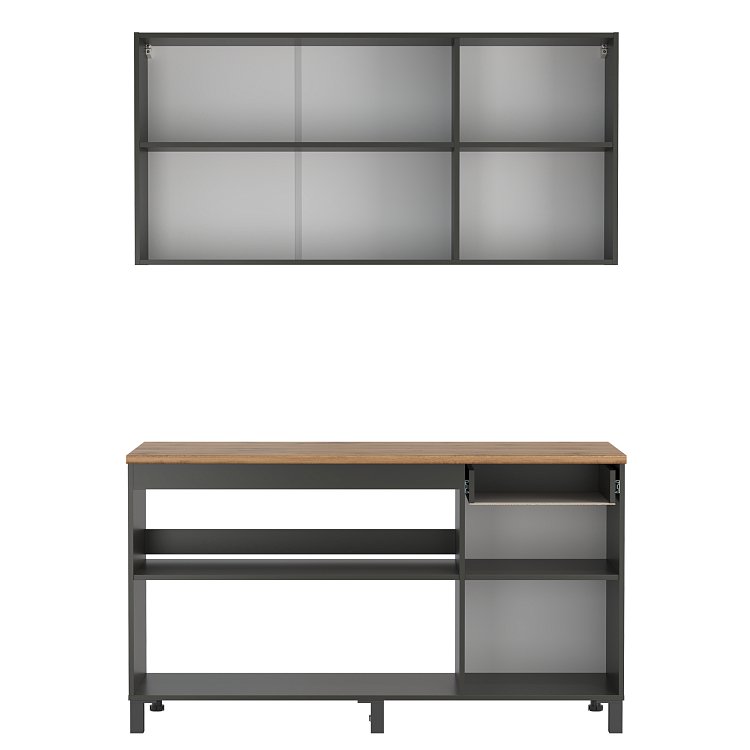 Кухня Мадрид (1500) диамант серый/столешница дуб вотан/ДВПО белый/ПВХ графит