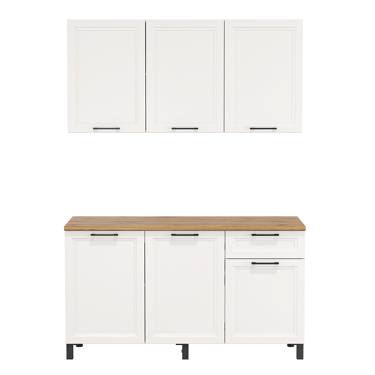 Кухня Римини (1500)  белый/столешница дуб вотан/ДВПО белый/ПВХ белый О/профиль ПВХ белый О