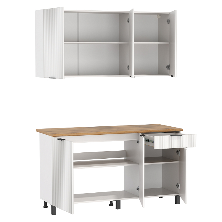 Кухня Венера (1500) МДФ белый/фасад МДФ с ПВХ белый матовый фрезерованный/столешница дуб вотан/ДВПО белый