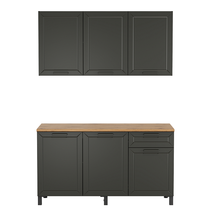 Кухня Мадрид (1500) диамант серый/столешница дуб вотан/ДВПО белый/ПВХ графит