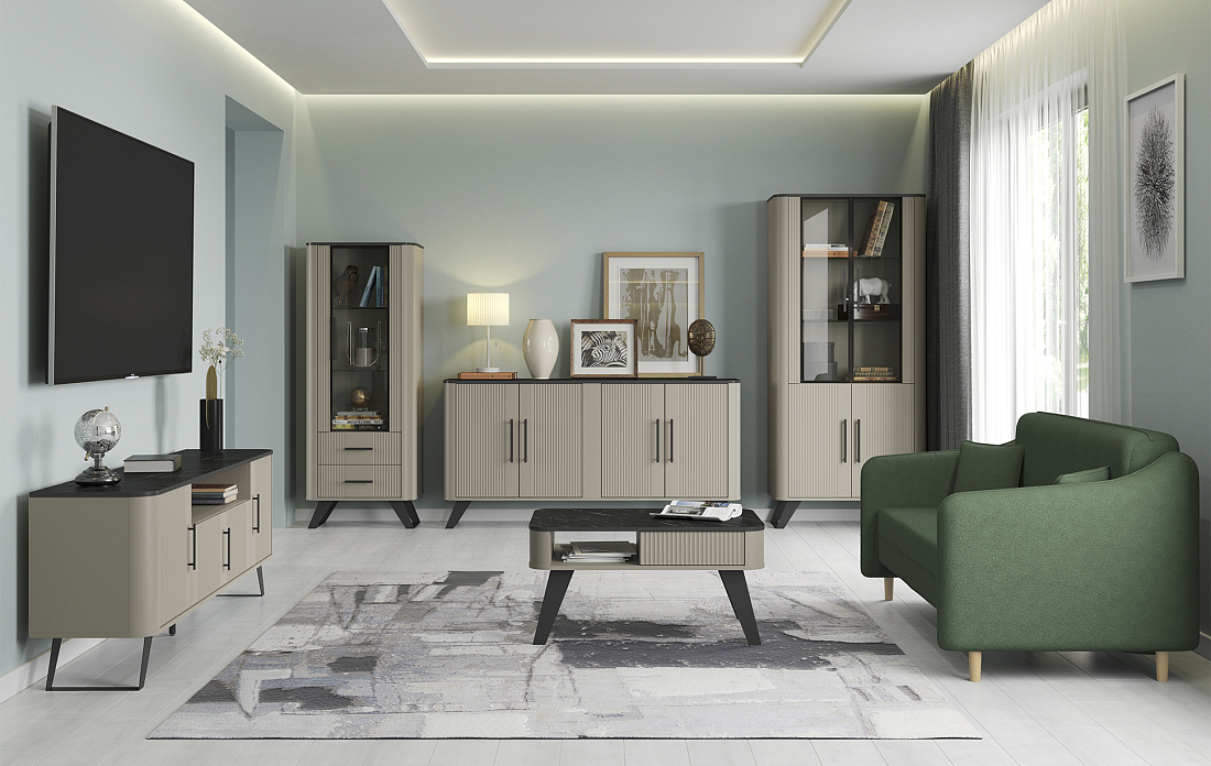 Комод 76.04 Фиделия серый камень/мрамор черный/ДВПО серый камень/пленка ПВХ серый камень/профиль masa decor серый камень