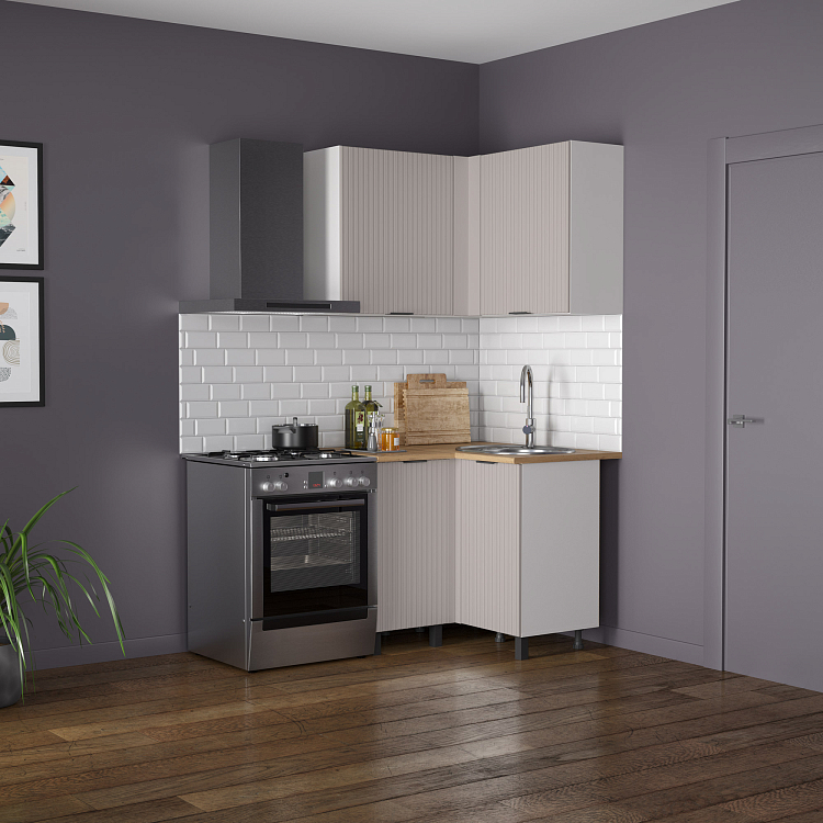 Кухня Венера угловая МДФ белый/фасад МДФ с ПВХ кашемир фрезерованный/столешница дуб вотан/ДВПО белый